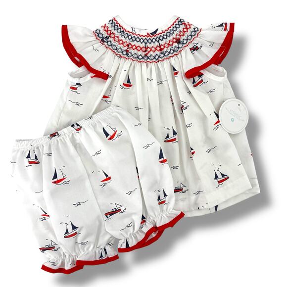 Edgehill Collection Smocked Bishop Dress Bloomers Set Sz 18 M Nautical Sail Boat - Picture 1 of 7